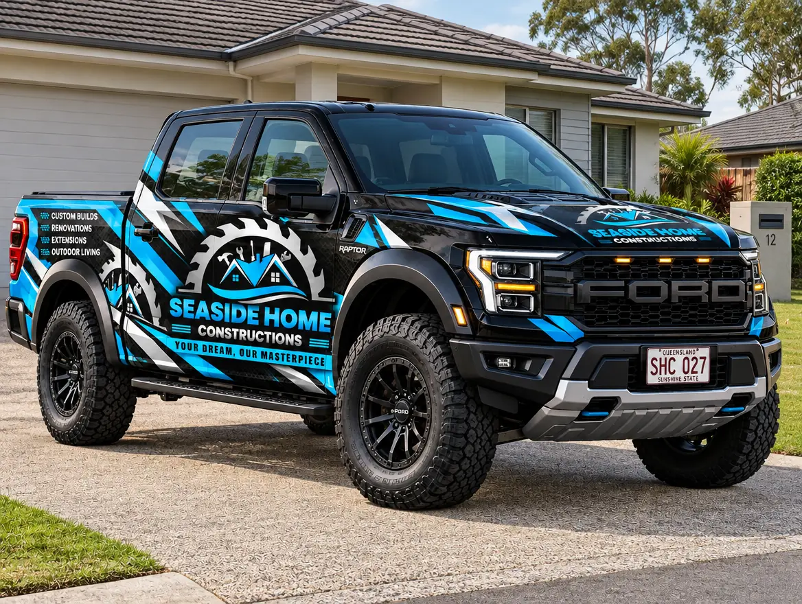 Seaside Home Constructions branded dual-cab pickup truck parked on a suburban driveway, wrapped with the company logo, name and tagline
