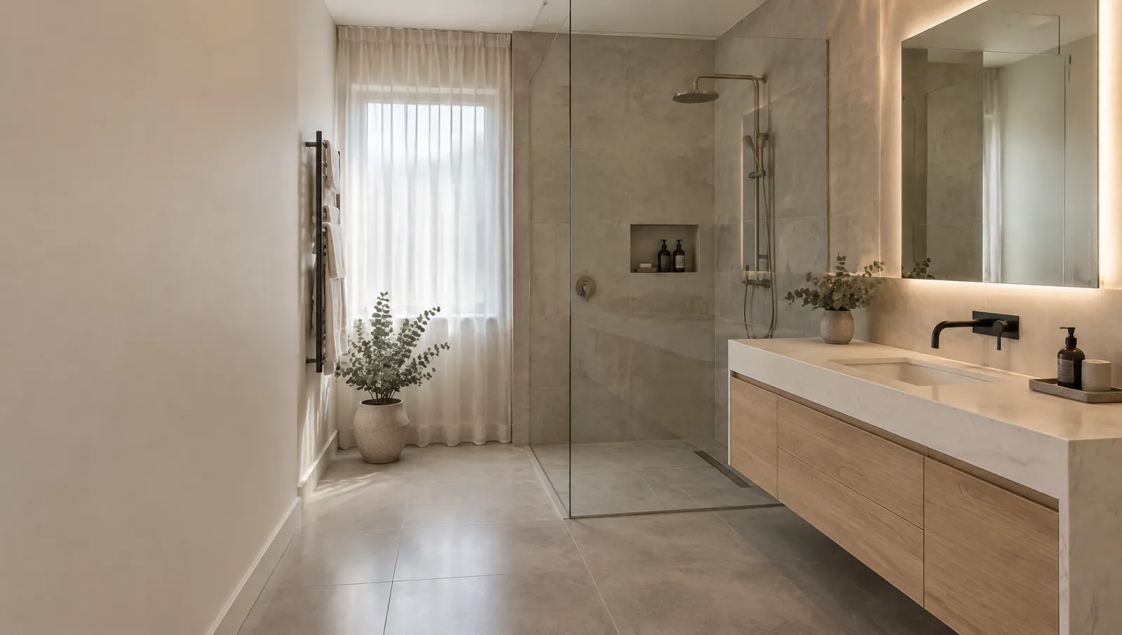 Modern Australian ensuite bathroom with frameless walk-in shower, floating timber vanity and backlit mirror